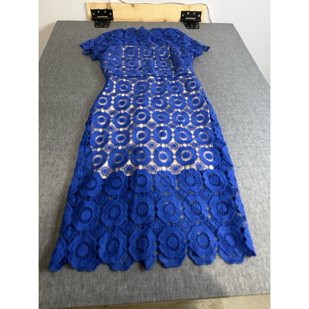 Just Me Women's Blue Lace Eyelet Midi Short Sleeve Dress Sz M Elegant Chic Boho